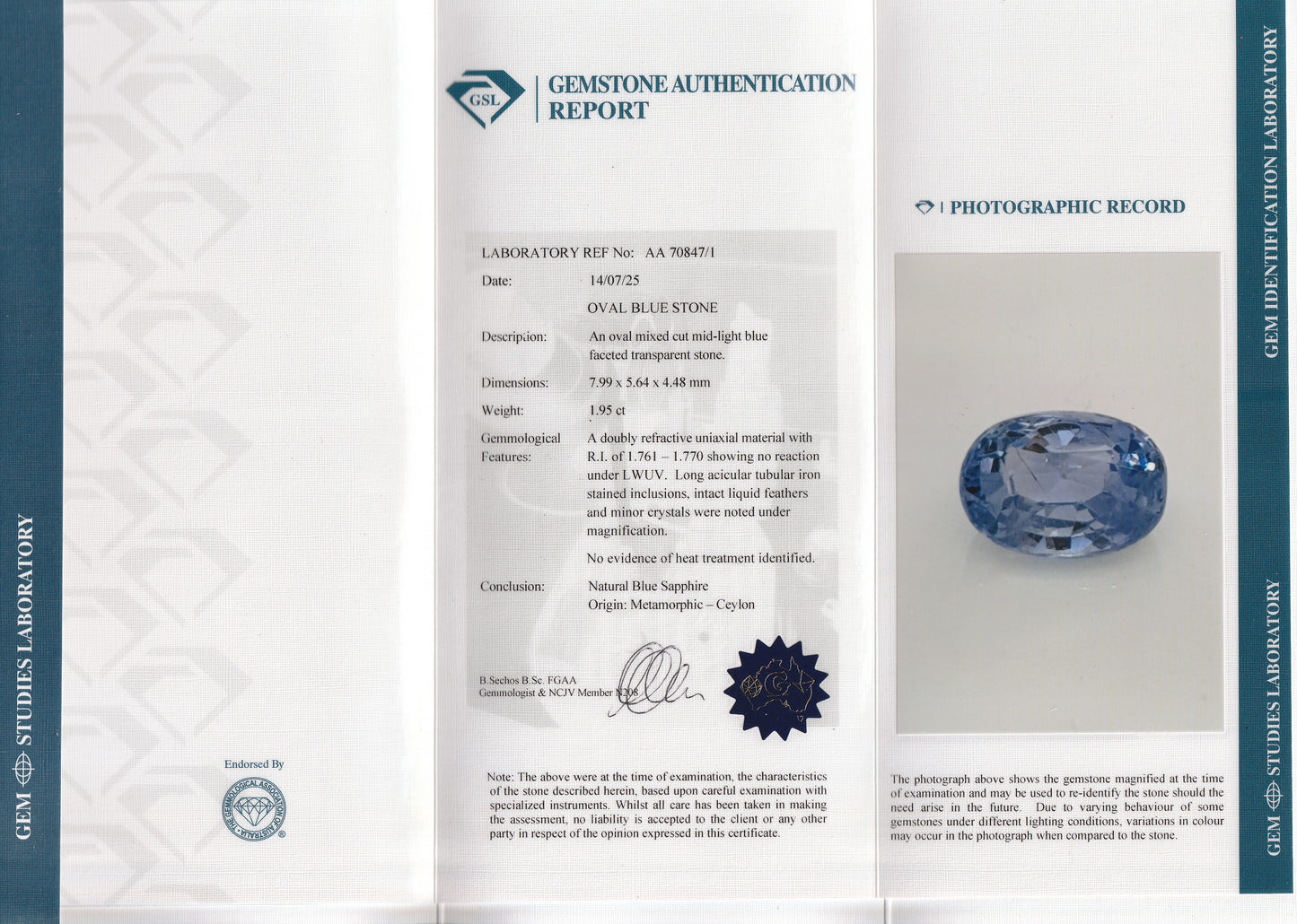 Blue Ceylon Sapphire 1.95ct | Oval Shape | Unheated