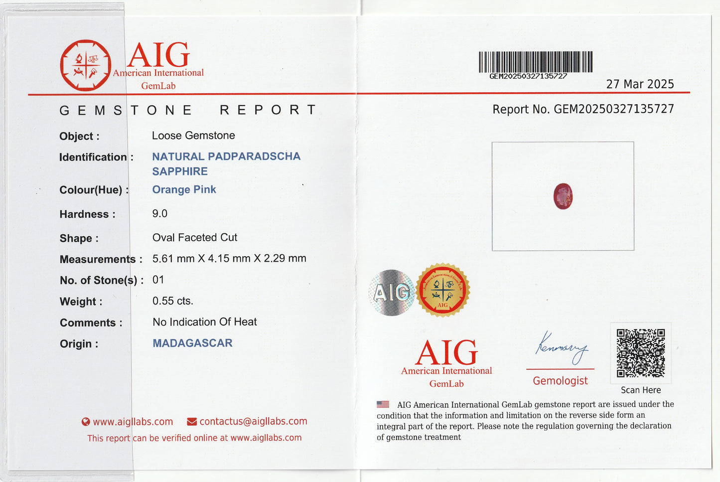 Natural Padparadscha Sapphire 0.55 Ct | Oval Cut | Madagascar | Untreated