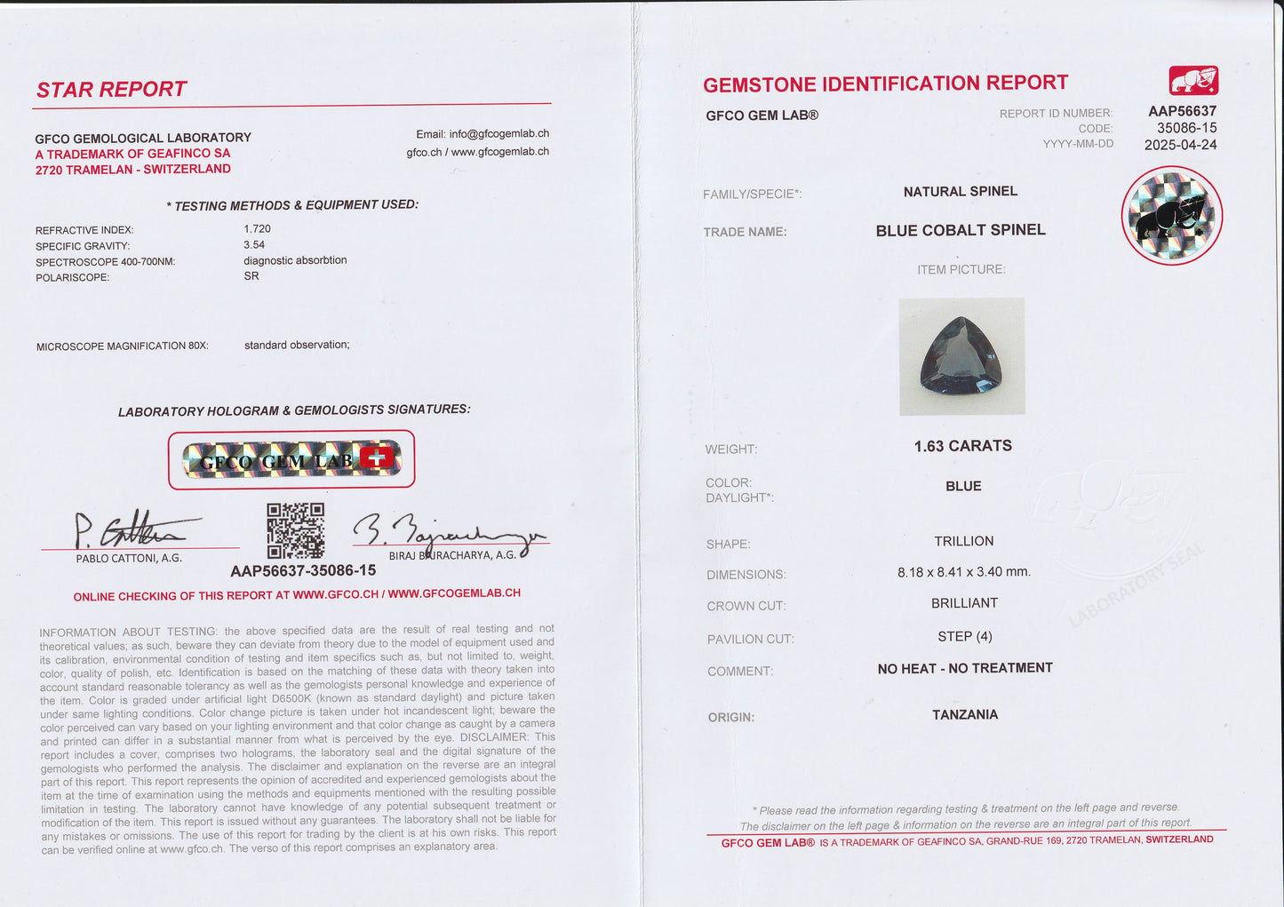 Natural Blue Cobalt Spinel 1.63ct | Trillion