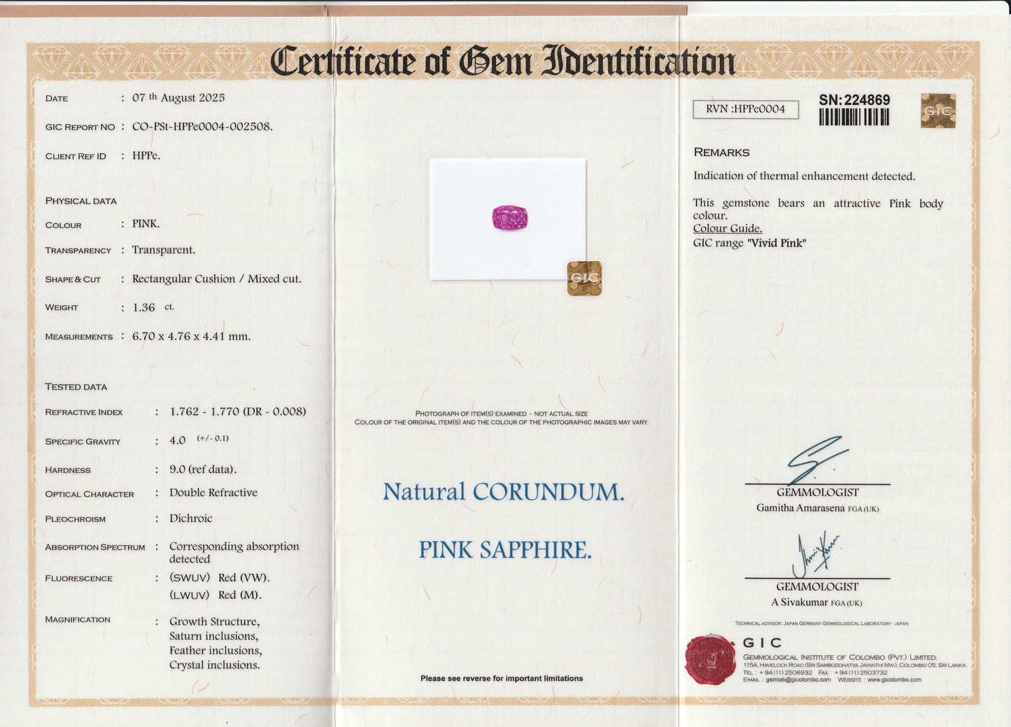 Vivid Pink Ceylon Sapphire 1.36ct | Cushion Shape