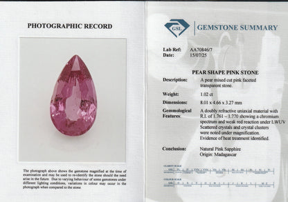 Padparadscha Sapphire 1.01ct | Pear Shape | Madagascar