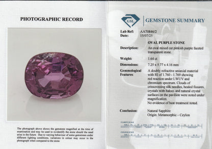 Purple Ceylon Sapphire 1.64ct | Oval Cut | Unheated