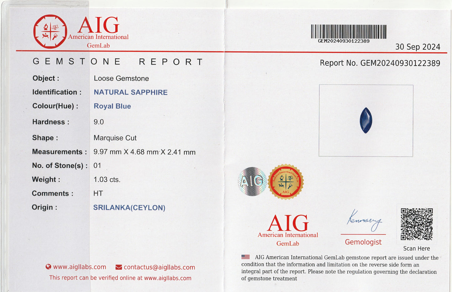 Royal Blue Ceylon Sapphire 1.03 Ct | Marquise Cut