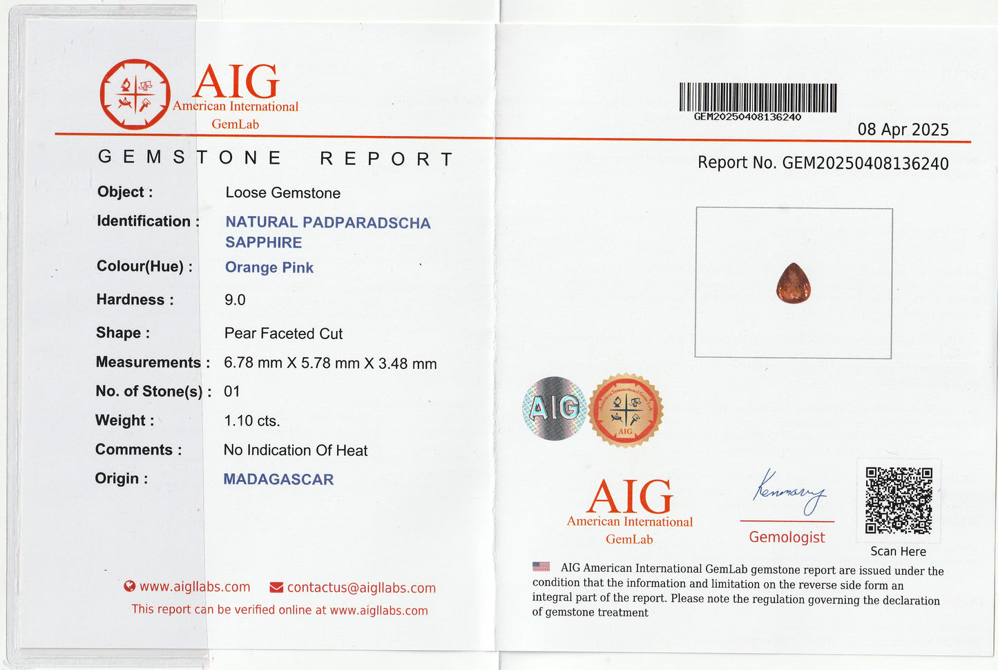 Natural Padparadscha Sapphire 1.10 Ct | Pear Cut | Madagascar | Untreated