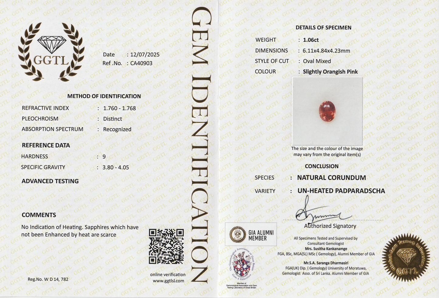 Natural Padparadscha Sapphire 1.06 Ct | Oval | Ceylon | Untreated