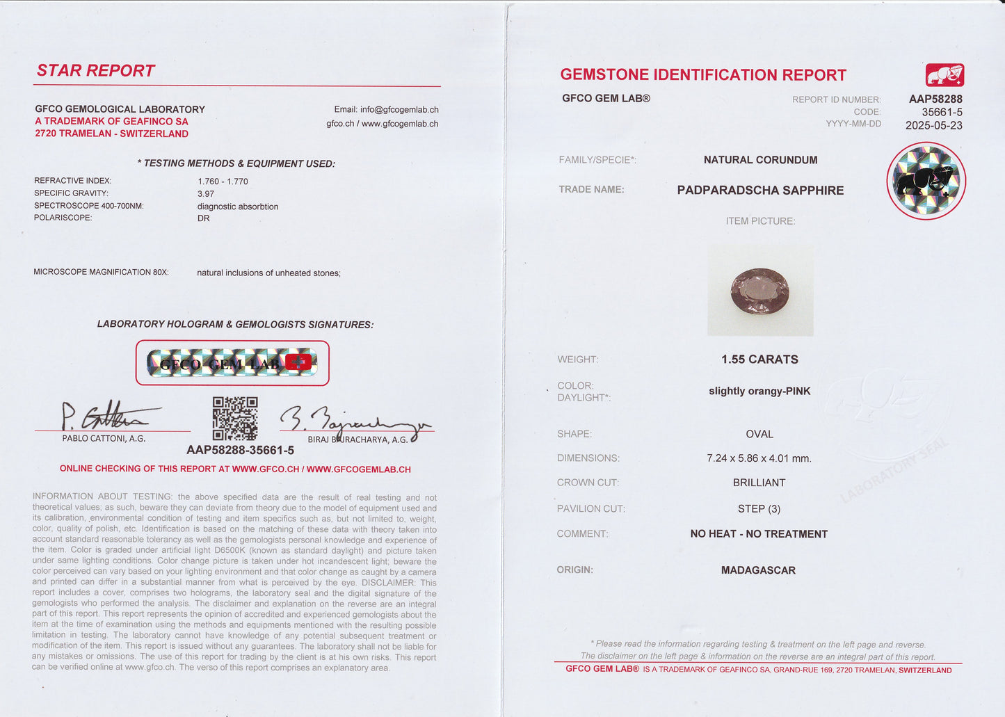 Natural Padparadscha Sapphire 1.55 Ct | Oval Cut | Madagascar | Untreated