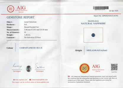 Cornflower Blue Ceylon Sapphire 1.26ct | Round Shape | Unheated