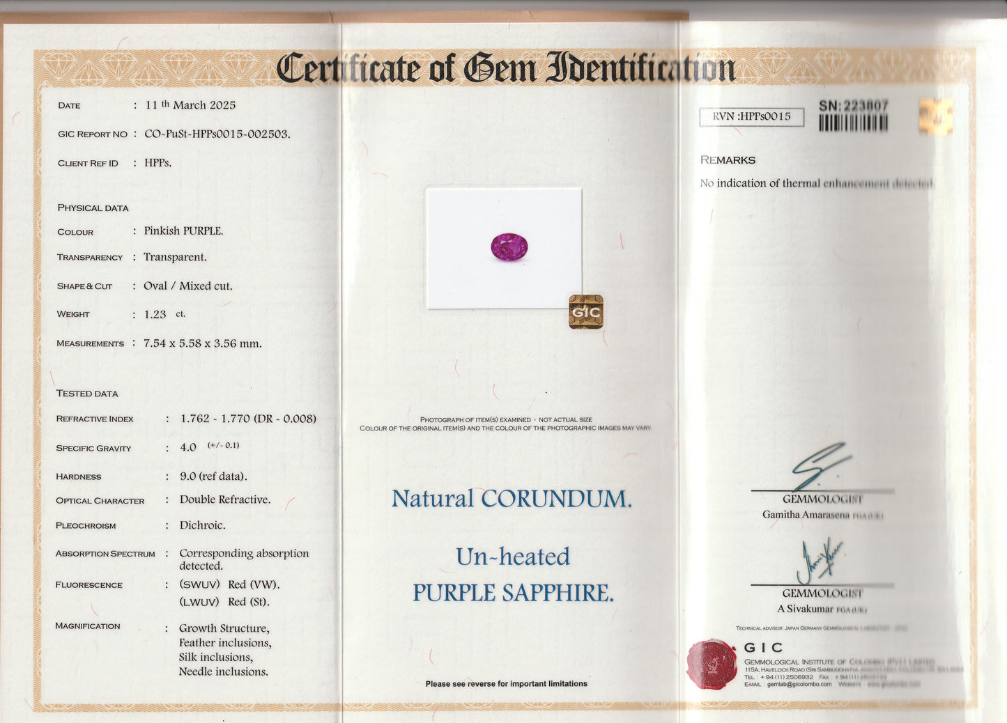 Purple Ceylon Sapphire 1.23ct | Oval Shape | Unheated