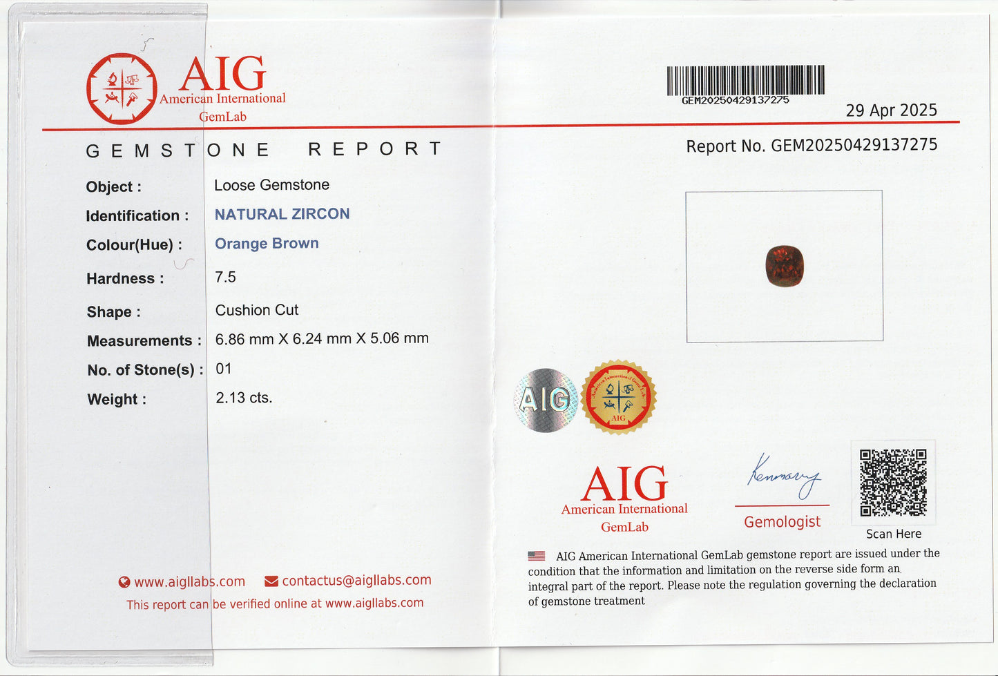 Orange-Brown Natural Zircon 2.13Ct | Cushion Cut