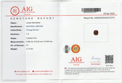 Orange-Brown Natural Zircon 2.13Ct | Cushion Cut