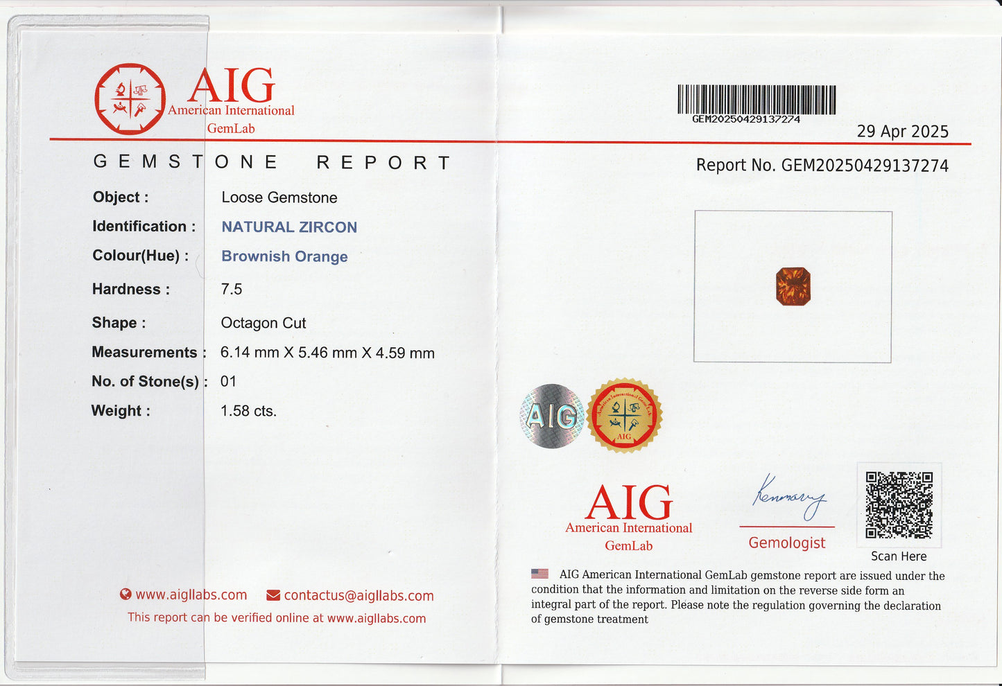 Orange-Brown Natural Zircon 1.58Ct | Octagon Cut