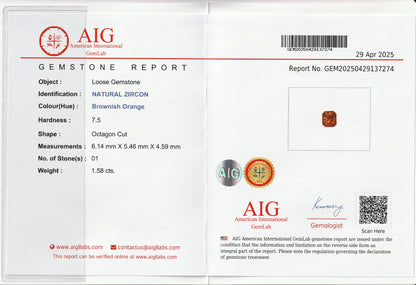 Orange-Brown Natural Zircon 1.58Ct | Octagon Cut