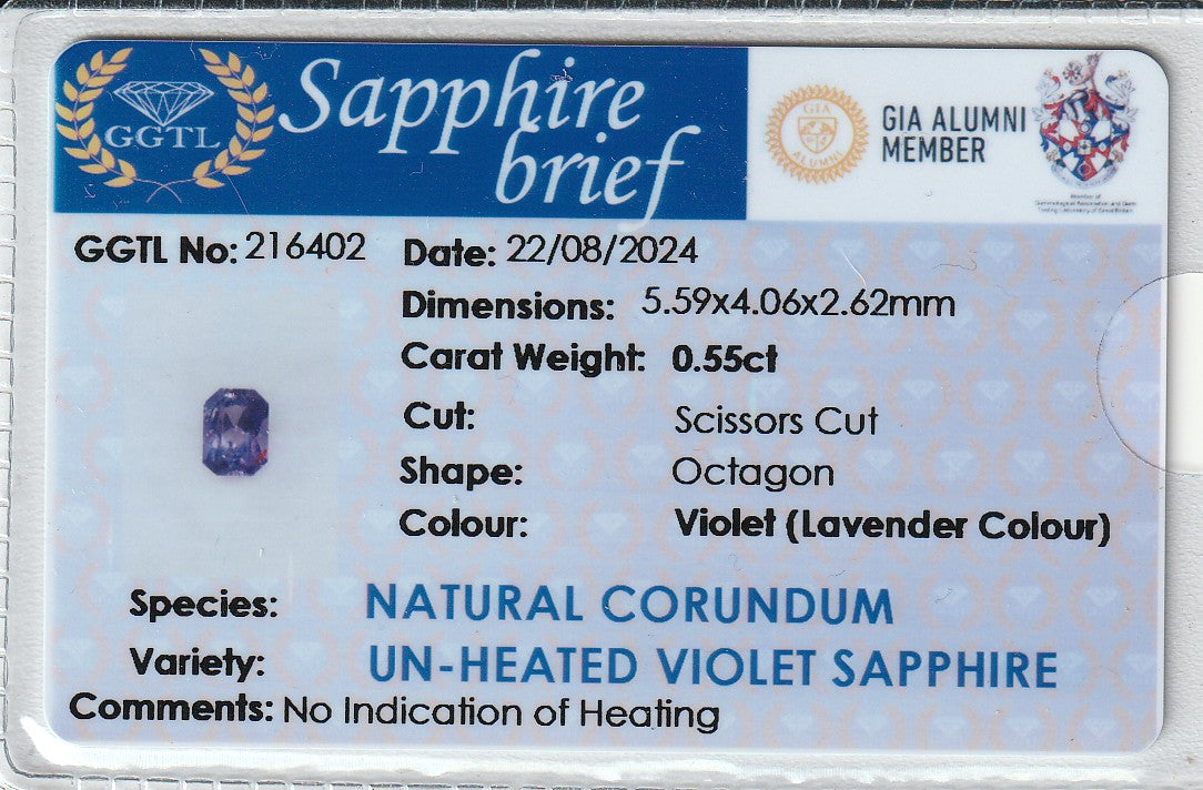Violet (Lavender) Ceylon Sapphire 0.55ct | Rectangular Shape