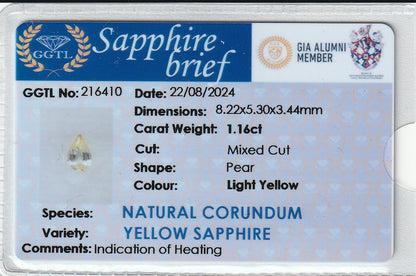 Yellow Ceylon Sapphire 1.16ct | Pear Shape